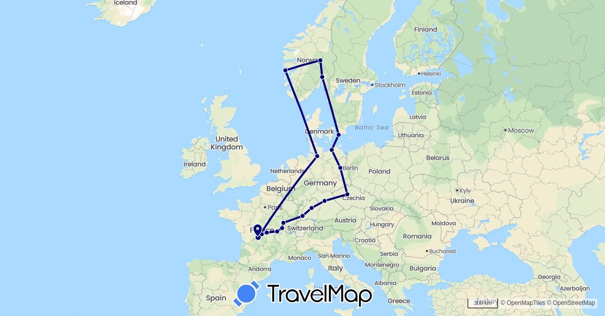 TravelMap itinerary: driving in Czech Republic, Germany, France, Norway, Sweden (Europe)